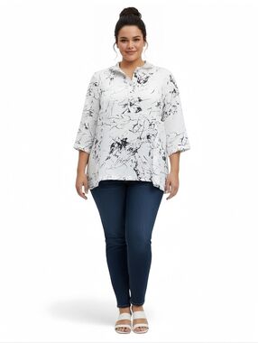 Habitat XL Marble Print Tunic Top Artsy Lagenlook 3/4 Sleeve Black White